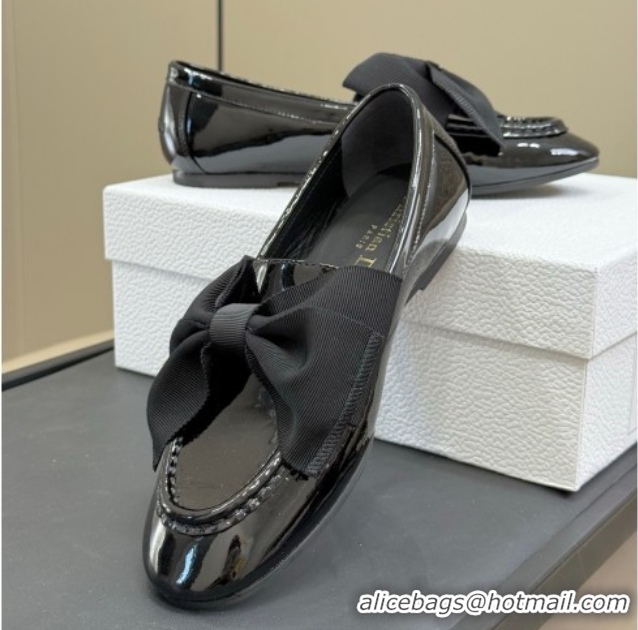 Popular Style Dior Diorissimo Loafers in Patent Calfskin and Grosgrain with Bow Black 0822103