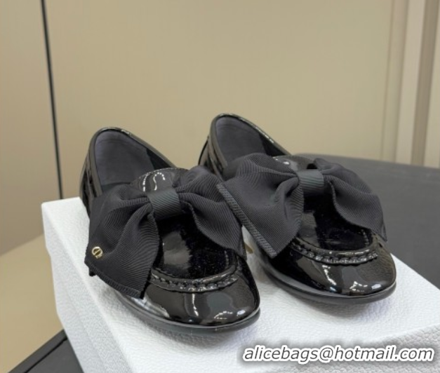 Popular Style Dior Diorissimo Loafers in Patent Calfskin and Grosgrain with Bow Black 0822103