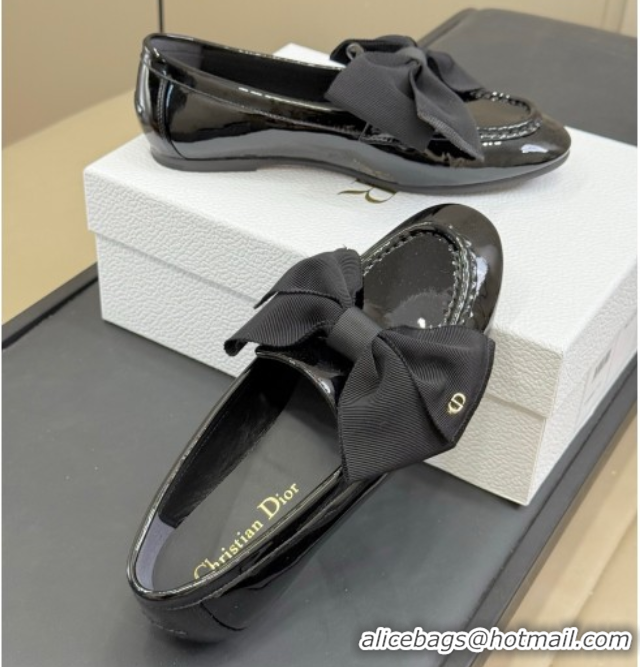Popular Style Dior Diorissimo Loafers in Patent Calfskin and Grosgrain with Bow Black 0822103