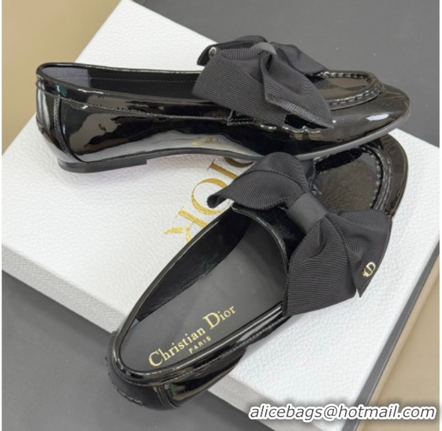 Popular Style Dior Diorissimo Loafers in Patent Calfskin and Grosgrain with Bow Black 0822103