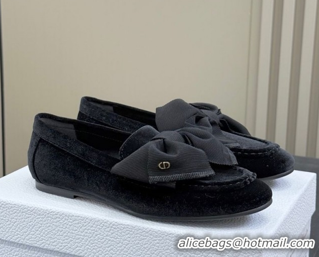 Top Quality Dior Diorissimo Loafers in Velvet and Grosgrain with Bow Black 0822104
