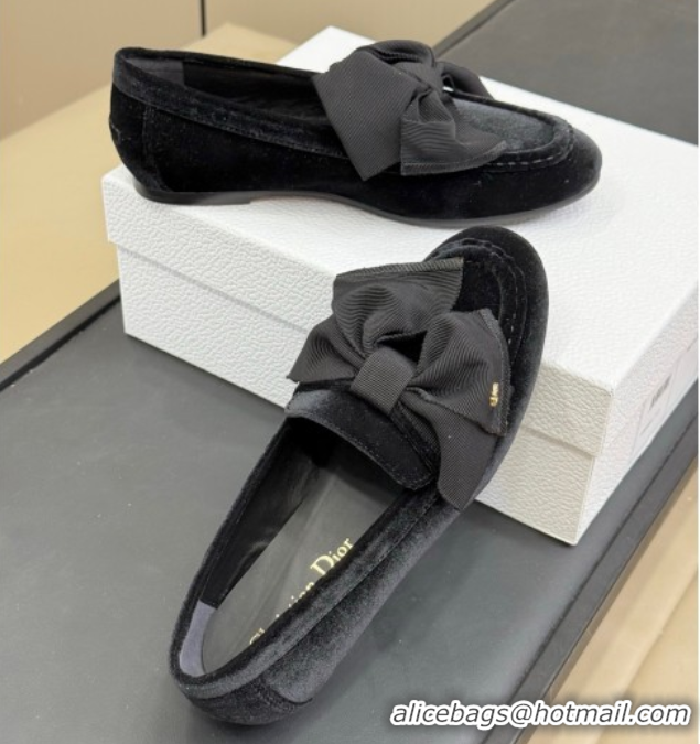 Top Quality Dior Diorissimo Loafers in Velvet and Grosgrain with Bow Black 0822104