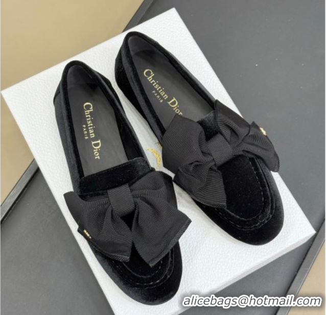 Top Quality Dior Diorissimo Loafers in Velvet and Grosgrain with Bow Black 0822104