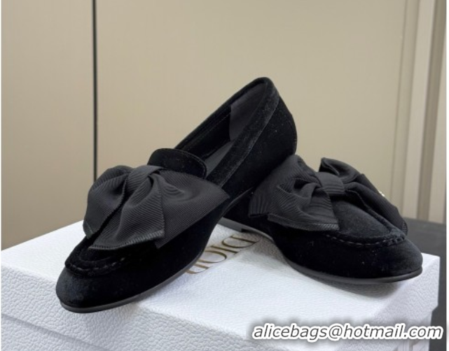 Top Quality Dior Diorissimo Loafers in Velvet and Grosgrain with Bow Black 0822104