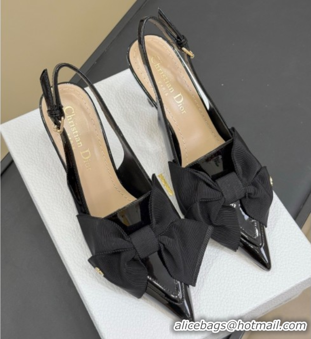 Good Looking Dior Diorissimo Slingback Pumps 8cm in Black Patent Calfskin and Grosgrain with Bow 0822105