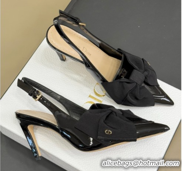Good Looking Dior Diorissimo Slingback Pumps 8cm in Black Patent Calfskin and Grosgrain with Bow 0822105