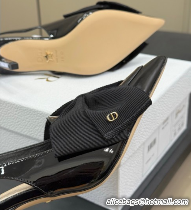 Good Looking Dior Diorissimo Slingback Pumps 8cm in Black Patent Calfskin and Grosgrain with Bow 0822105