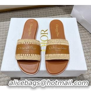 Cute Dior Dioriviera D-Lane Flat Slides Sandal in Calfskin and Braided Raffia Brown 0822106