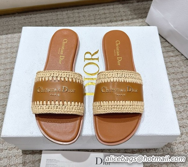 Cute Dior Dioriviera D-Lane Flat Slides Sandal in Calfskin and Braided Raffia Brown 0822106
