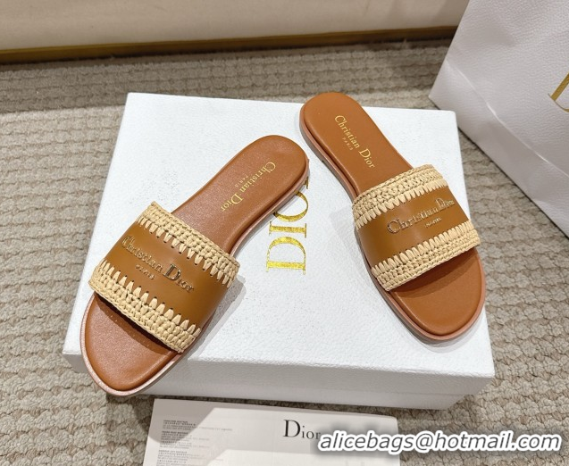 Cute Dior Dioriviera D-Lane Flat Slides Sandal in Calfskin and Braided Raffia Brown 0822106