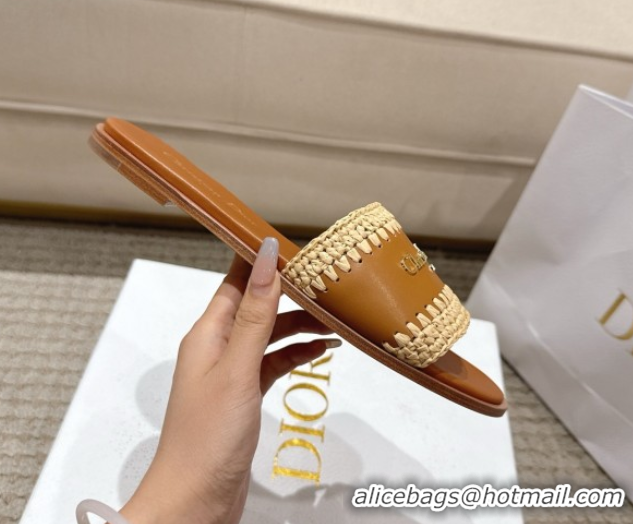 Cute Dior Dioriviera D-Lane Flat Slides Sandal in Calfskin and Braided Raffia Brown 0822106