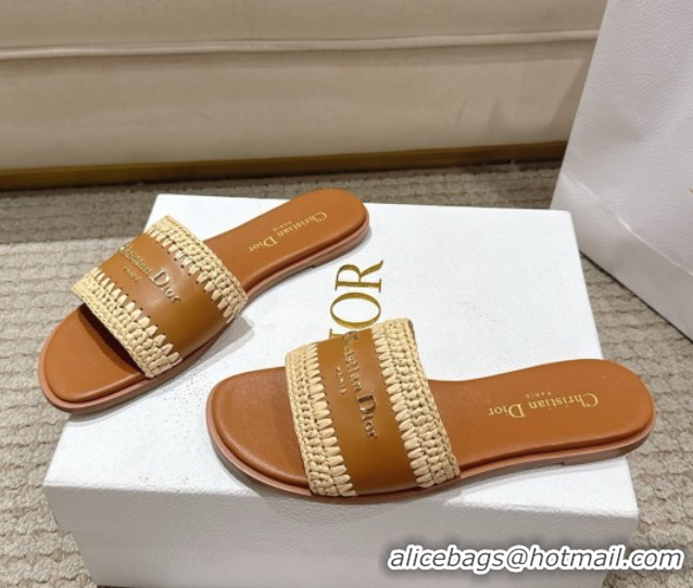 Cute Dior Dioriviera D-Lane Flat Slides Sandal in Calfskin and Braided Raffia Brown 0822106