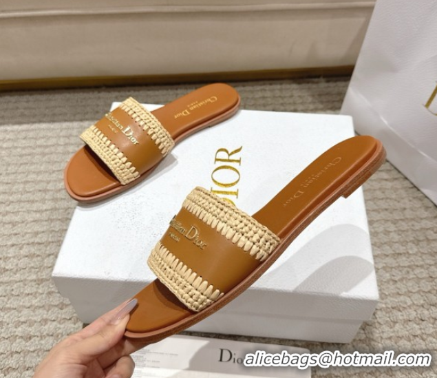 Cute Dior Dioriviera D-Lane Flat Slides Sandal in Calfskin and Braided Raffia Brown 0822106