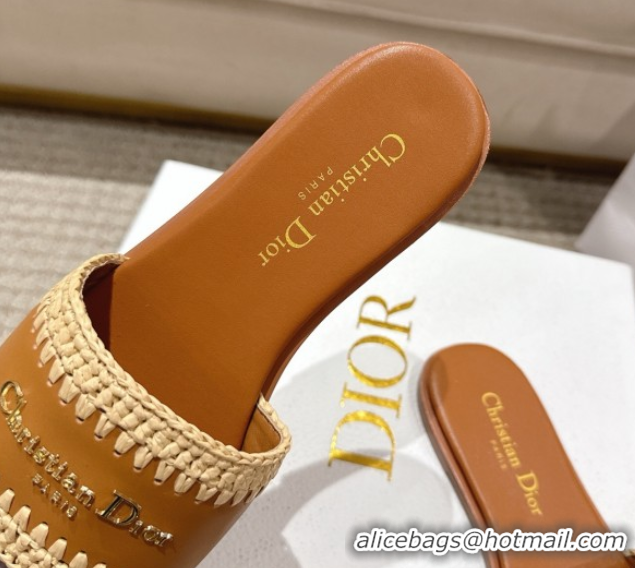 Cute Dior Dioriviera D-Lane Flat Slides Sandal in Calfskin and Braided Raffia Brown 0822106