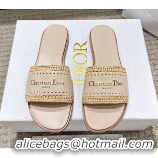 Good Quality Dior Dioriviera D-Lane Flat Slides Sandal in Calfskin and Braided Raffia Nude 0822107