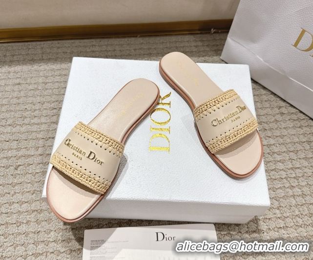 Good Quality Dior Dioriviera D-Lane Flat Slides Sandal in Calfskin and Braided Raffia Nude 0822107
