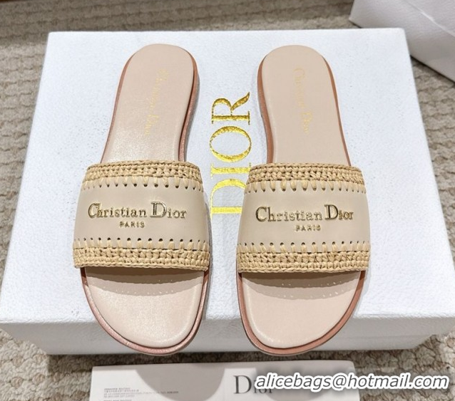 Good Quality Dior Dioriviera D-Lane Flat Slides Sandal in Calfskin and Braided Raffia Nude 0822107