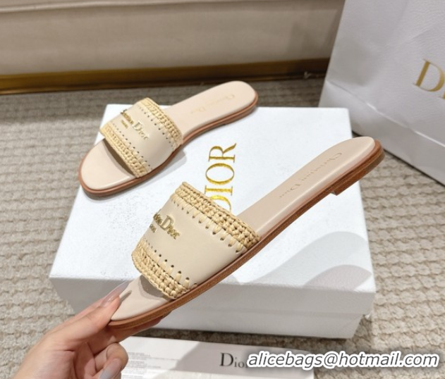 Good Quality Dior Dioriviera D-Lane Flat Slides Sandal in Calfskin and Braided Raffia Nude 0822107
