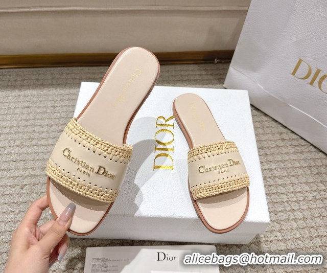 Good Quality Dior Dioriviera D-Lane Flat Slides Sandal in Calfskin and Braided Raffia Nude 0822107