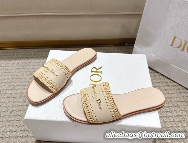 Good Quality Dior Dioriviera D-Lane Flat Slides Sandal in Calfskin and Braided Raffia Nude 0822107