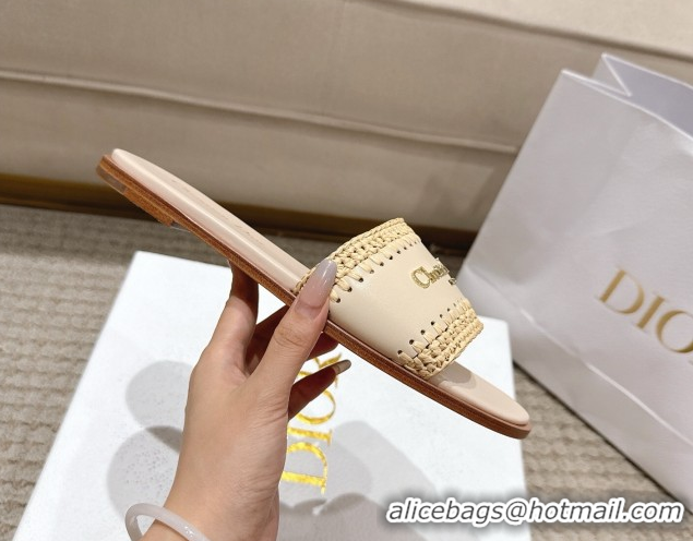 Good Quality Dior Dioriviera D-Lane Flat Slides Sandal in Calfskin and Braided Raffia Nude 0822107