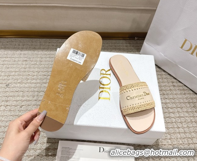 Good Quality Dior Dioriviera D-Lane Flat Slides Sandal in Calfskin and Braided Raffia Nude 0822107