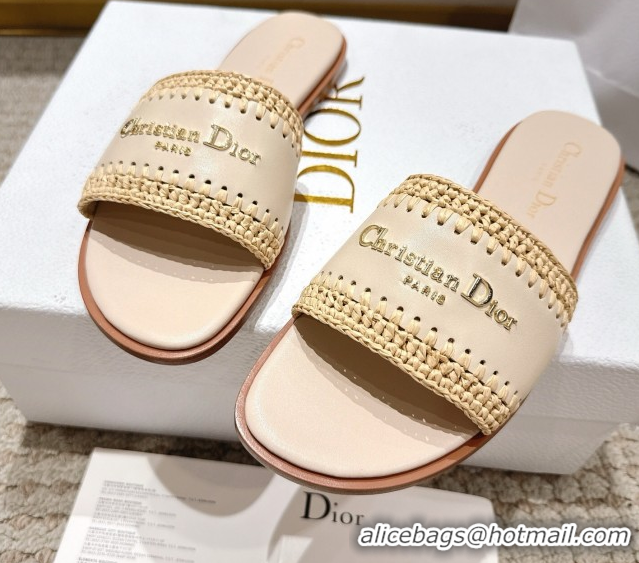 Good Quality Dior Dioriviera D-Lane Flat Slides Sandal in Calfskin and Braided Raffia Nude 0822107