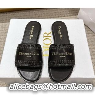 Good Product Dior Dioriviera D-Lane Flat Slides Sandal in Calfskin and Braided Raffia Black 0822108