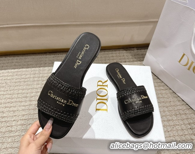 Good Product Dior Dioriviera D-Lane Flat Slides Sandal in Calfskin and Braided Raffia Black 0822108