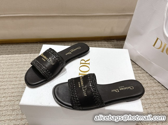 Good Product Dior Dioriviera D-Lane Flat Slides Sandal in Calfskin and Braided Raffia Black 0822108