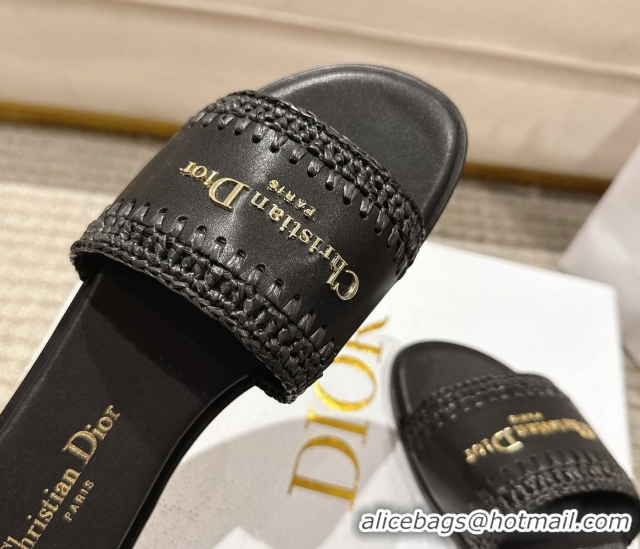 Good Product Dior Dioriviera D-Lane Flat Slides Sandal in Calfskin and Braided Raffia Black 0822108