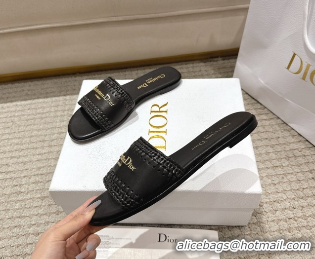 Good Product Dior Dioriviera D-Lane Flat Slides Sandal in Calfskin and Braided Raffia Black 0822108