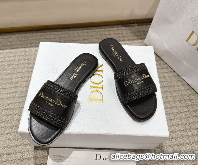 Good Product Dior Dioriviera D-Lane Flat Slides Sandal in Calfskin and Braided Raffia Black 0822108