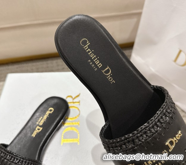 Good Product Dior Dioriviera D-Lane Flat Slides Sandal in Calfskin and Braided Raffia Black 0822108