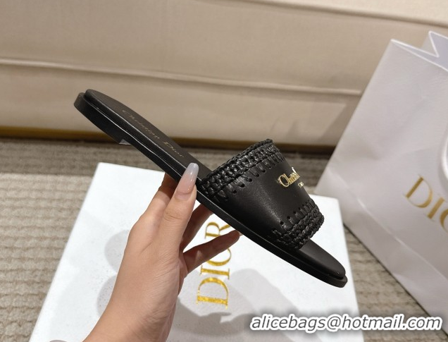 Good Product Dior Dioriviera D-Lane Flat Slides Sandal in Calfskin and Braided Raffia Black 0822108