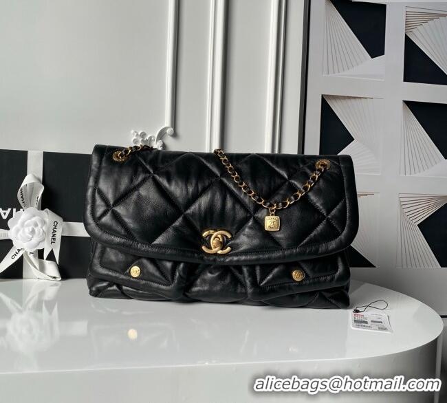 Inexpensive Chanel Shiny Lambskin Maxi Flap bag with Pockets AS5727 Black 2025