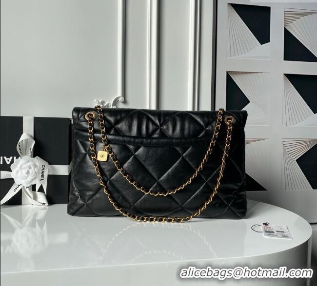 Inexpensive Chanel Shiny Lambskin Maxi Flap bag with Pockets AS5727 Black 2025