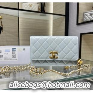 High Quality Chanel Shiny Lambskin Wallet On Chain WOC AP3938 Light Blue 2025