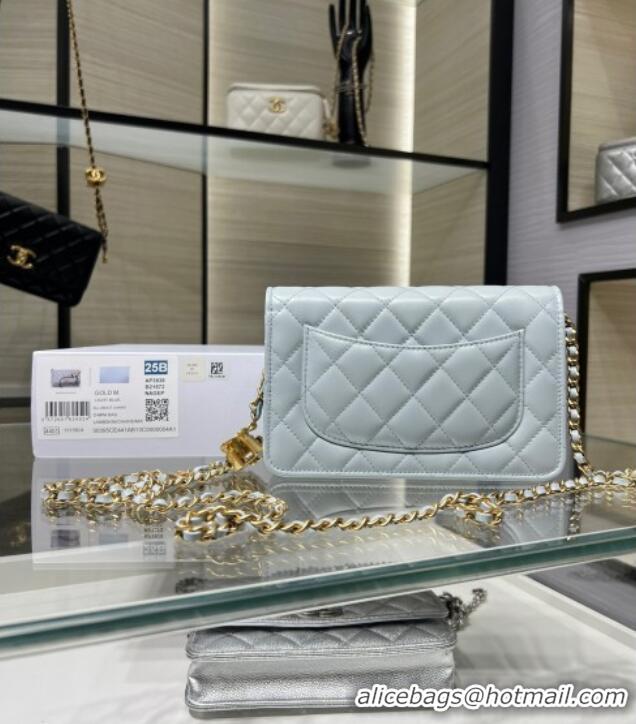 High Quality Chanel Shiny Lambskin Wallet On Chain WOC AP3938 Light Blue 2025