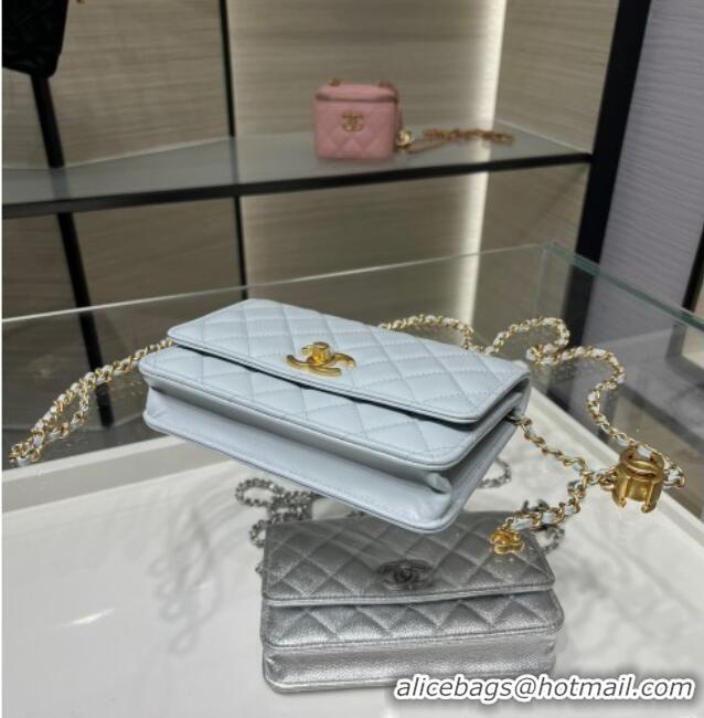 High Quality Chanel Shiny Lambskin Wallet On Chain WOC AP3938 Light Blue 2025