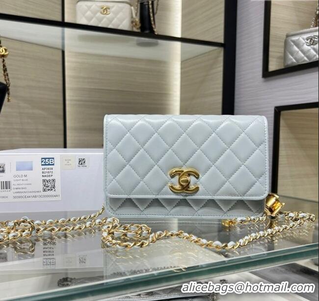 High Quality Chanel Shiny Lambskin Wallet On Chain WOC AP3938 Light Blue 2025