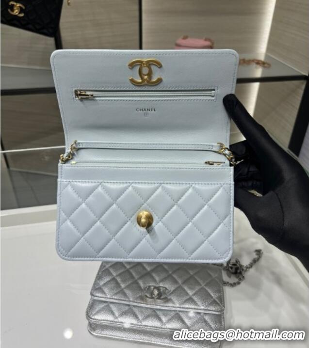 High Quality Chanel Shiny Lambskin Wallet On Chain WOC AP3938 Light Blue 2025