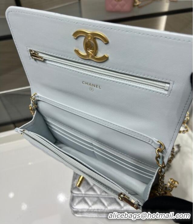 High Quality Chanel Shiny Lambskin Wallet On Chain WOC AP3938 Light Blue 2025