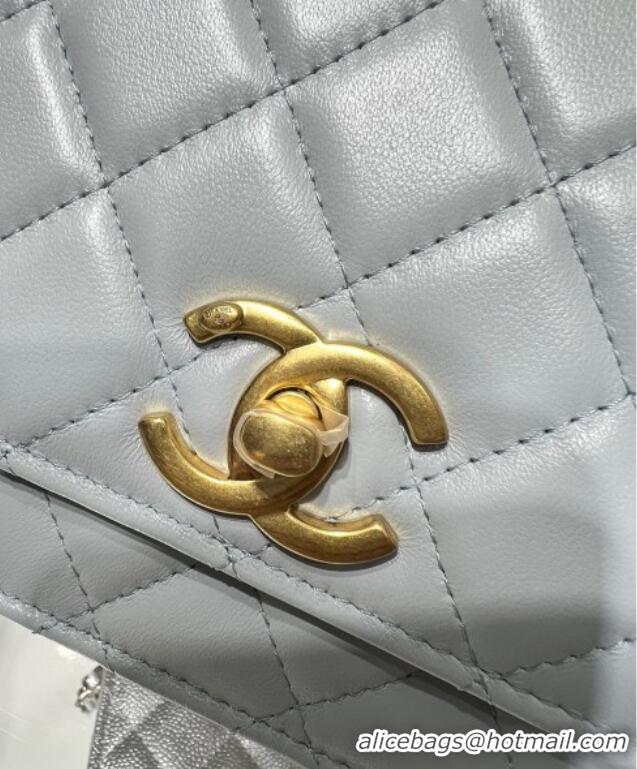 High Quality Chanel Shiny Lambskin Wallet On Chain WOC AP3938 Light Blue 2025