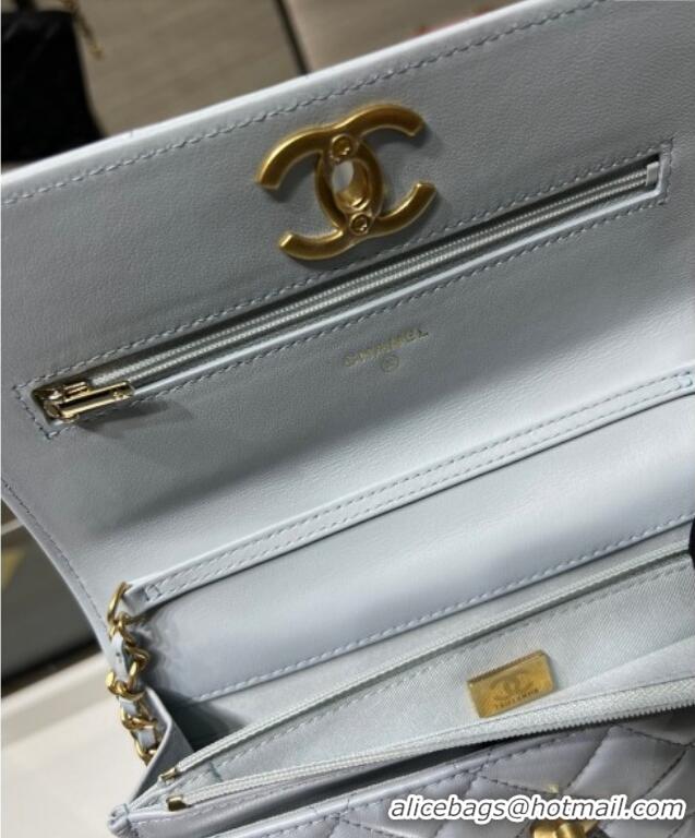 High Quality Chanel Shiny Lambskin Wallet On Chain WOC AP3938 Light Blue 2025