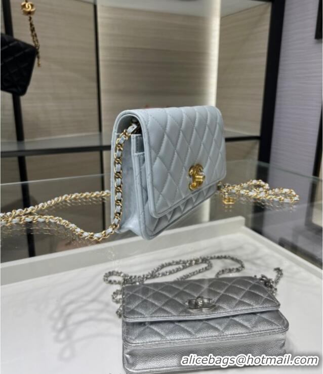 High Quality Chanel Shiny Lambskin Wallet On Chain WOC AP3938 Light Blue 2025