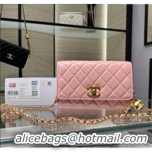 Classic Cheap Chanel Shiny Lambskin Wallet On Chain WOC AP3938 Pink 2025