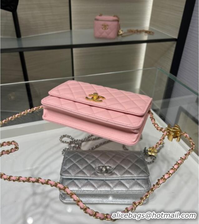 Classic Cheap Chanel Shiny Lambskin Wallet On Chain WOC AP3938 Pink 2025