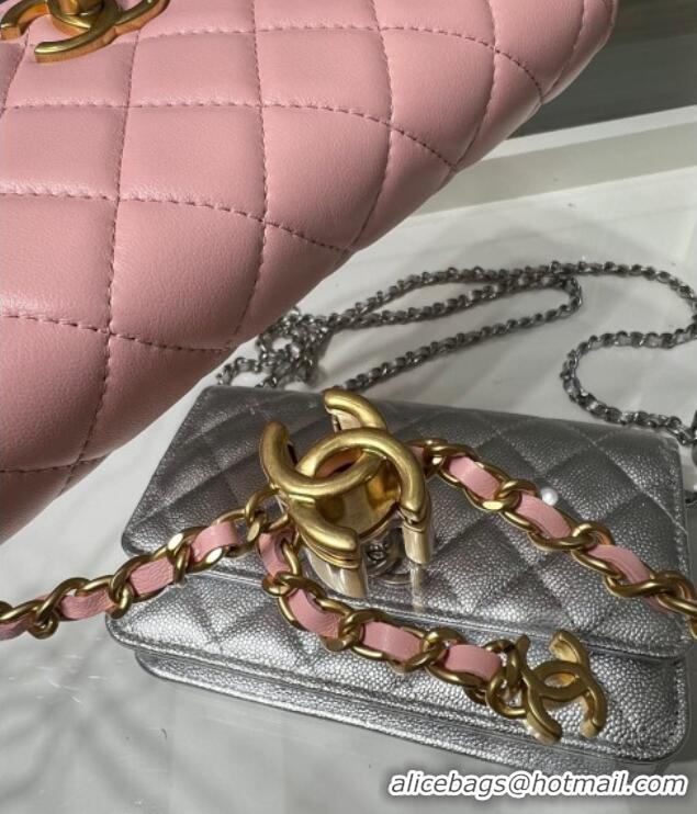 Classic Cheap Chanel Shiny Lambskin Wallet On Chain WOC AP3938 Pink 2025