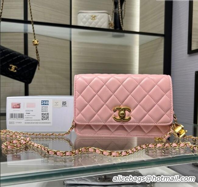 Classic Cheap Chanel Shiny Lambskin Wallet On Chain WOC AP3938 Pink 2025
